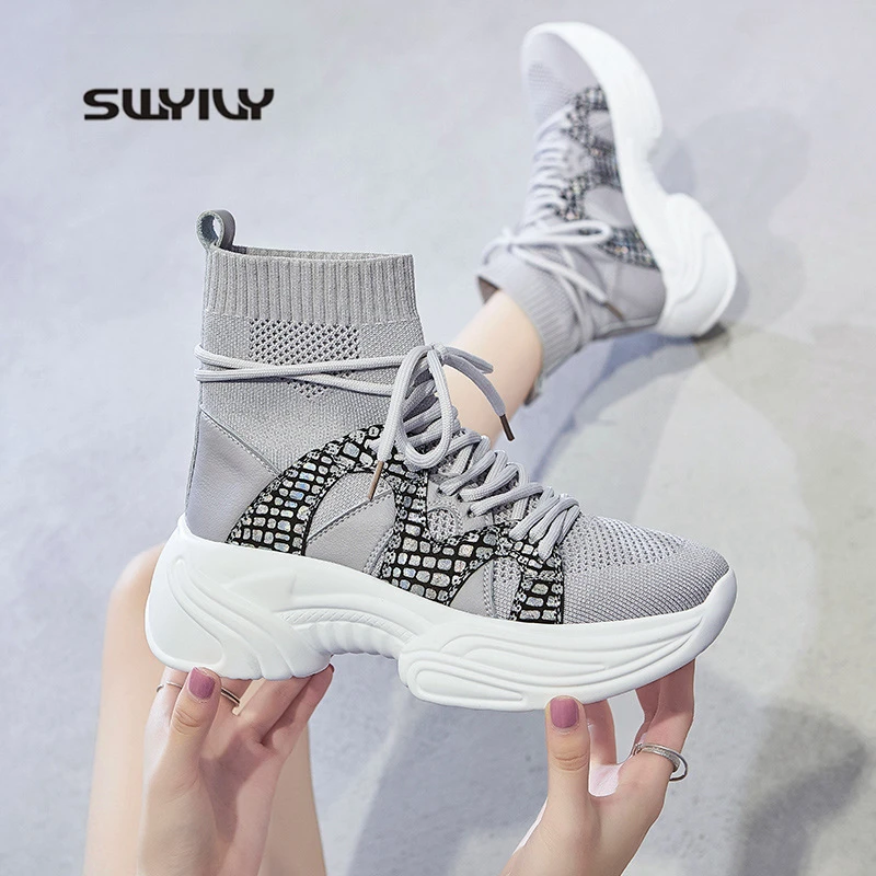 Женские черные кроссовки носки SWYIVY новинка 2019 вязаные на высокой платформе