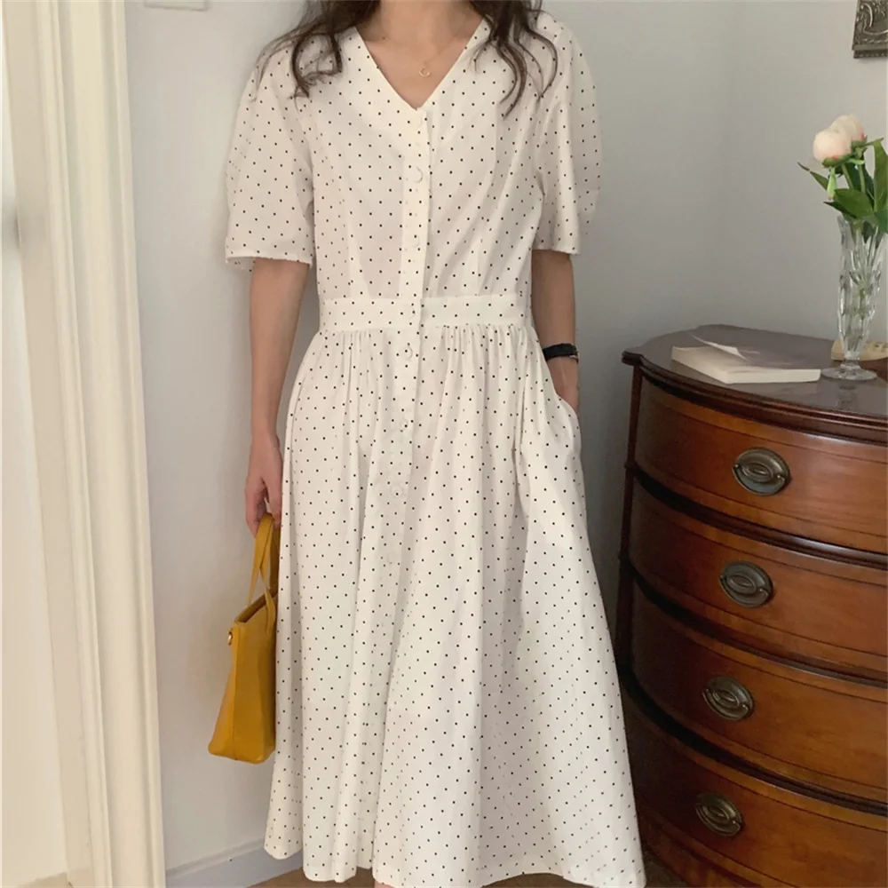 

Женское платье-макси в горошек, с пышными рукавами