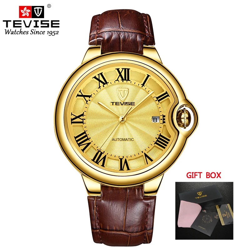 leather gold Tevise мужские часы автоматические механические часы лучший бренд класса люкс золотые водонепроницаемые стальные мужские наручные часы для мужчин Relogio Masculino - Цвет: leather gold