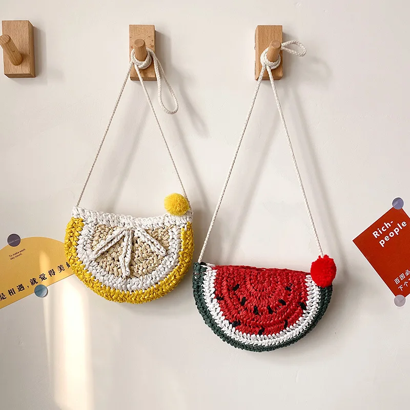 

Kids Straw Purses and Handbags 2021 Cute Fruit Watermelon Mini Crssbody Girls Rattan Coin Pouch Baby Pures and Bags