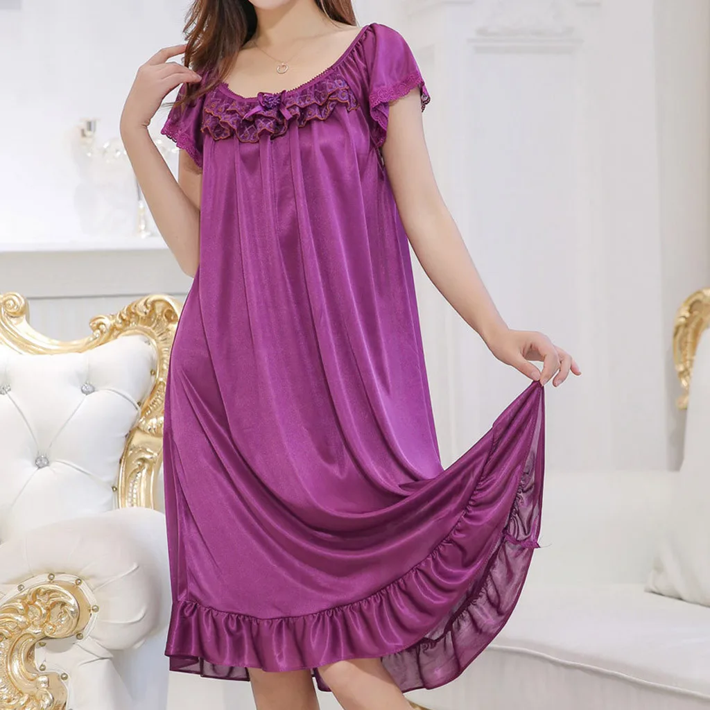 Женское ночное платье с круглым вырезом однотонное Ночное до середины икры