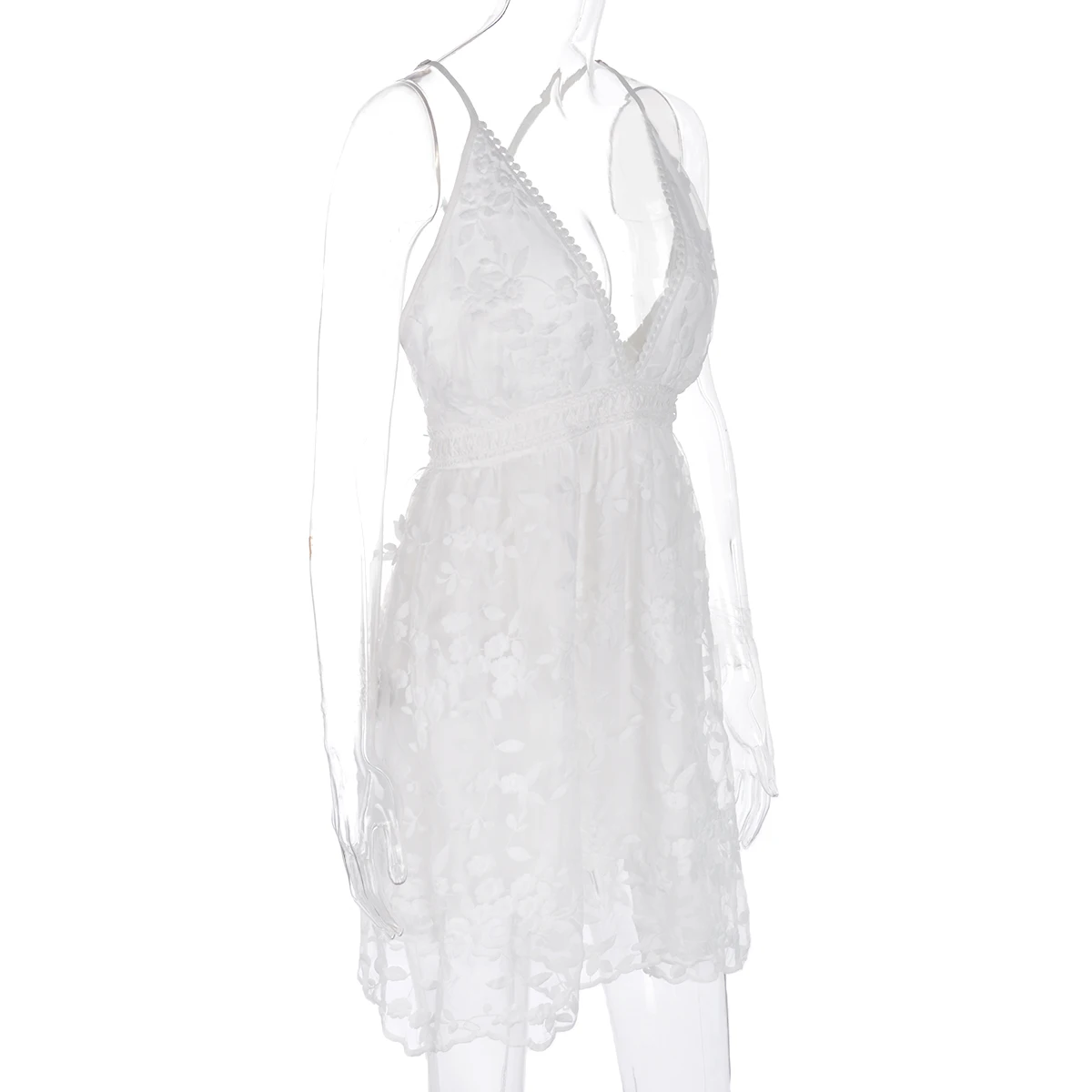 Женский вечерний мини-сарафан на бретельках белое кружевное платье с открытой