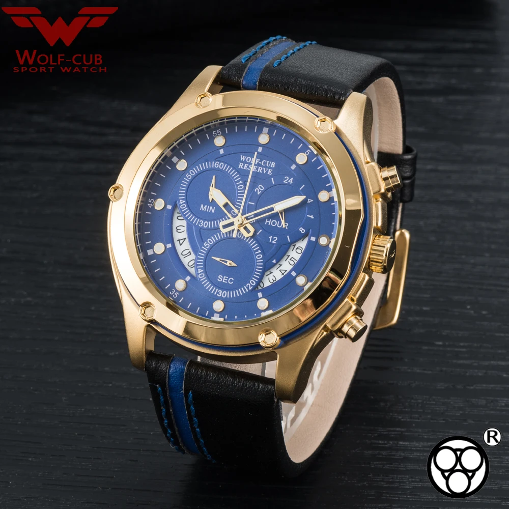 

WOLF-CUB Casual Big Dial Chronograph Running Seconds Men's Sport Gold Watch Gentleman Original 6-pin Multifunction Sports Waterp