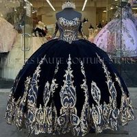 navy blue velvet princess quinceanera dress ball gown sequins applique vestido mexicano style sweet 15 prom gown with sleeves