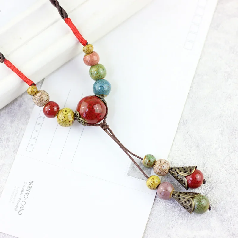 Женские кулон с кисточкой ожерелье керамическими бусинами в винтажном