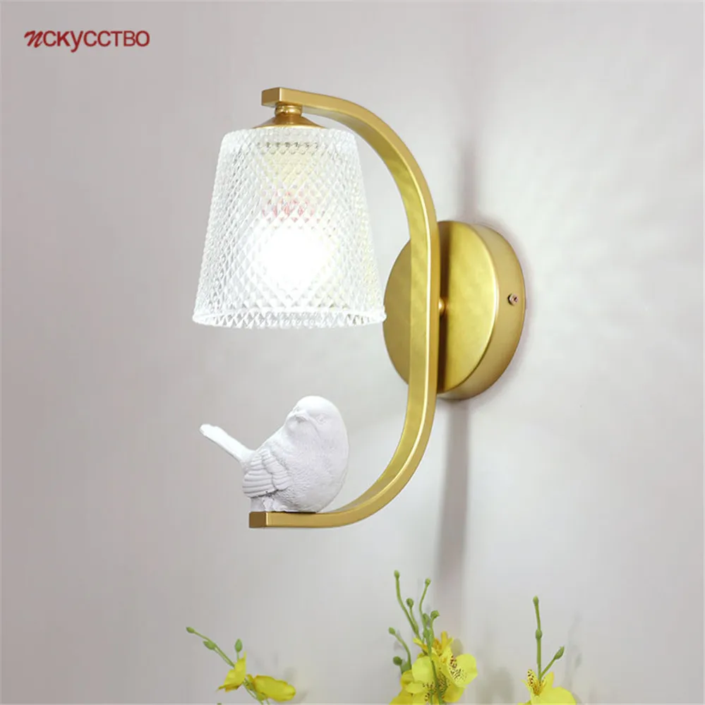 

American Gold Metal Resin Bird Glass Led Wall Lamp For Children Bedroom Study Corridor Stairs Sconce Loft Decor Light Fixtures
