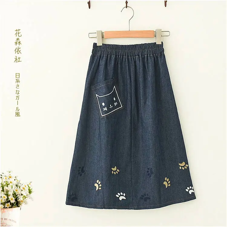 

Japan Style Mori Girl Cute Cat Footprints Embroidery Denim Skirt New Spring Loose Midi Skirt Women