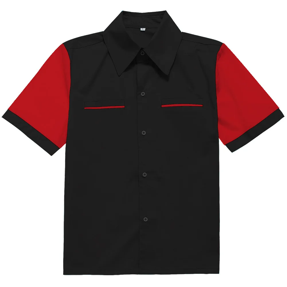 

Punk Hip Hop Men's American Style Short Sleeve Shirt with Black and Red Stitching Design