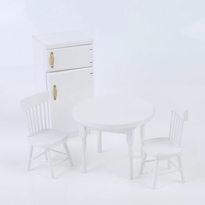

4Pcs/set Miniature Luxury White Wooden Refrigerator Table Chairs Furniture for 1/12 Dolls House Kitchen Dinning Room Decoration