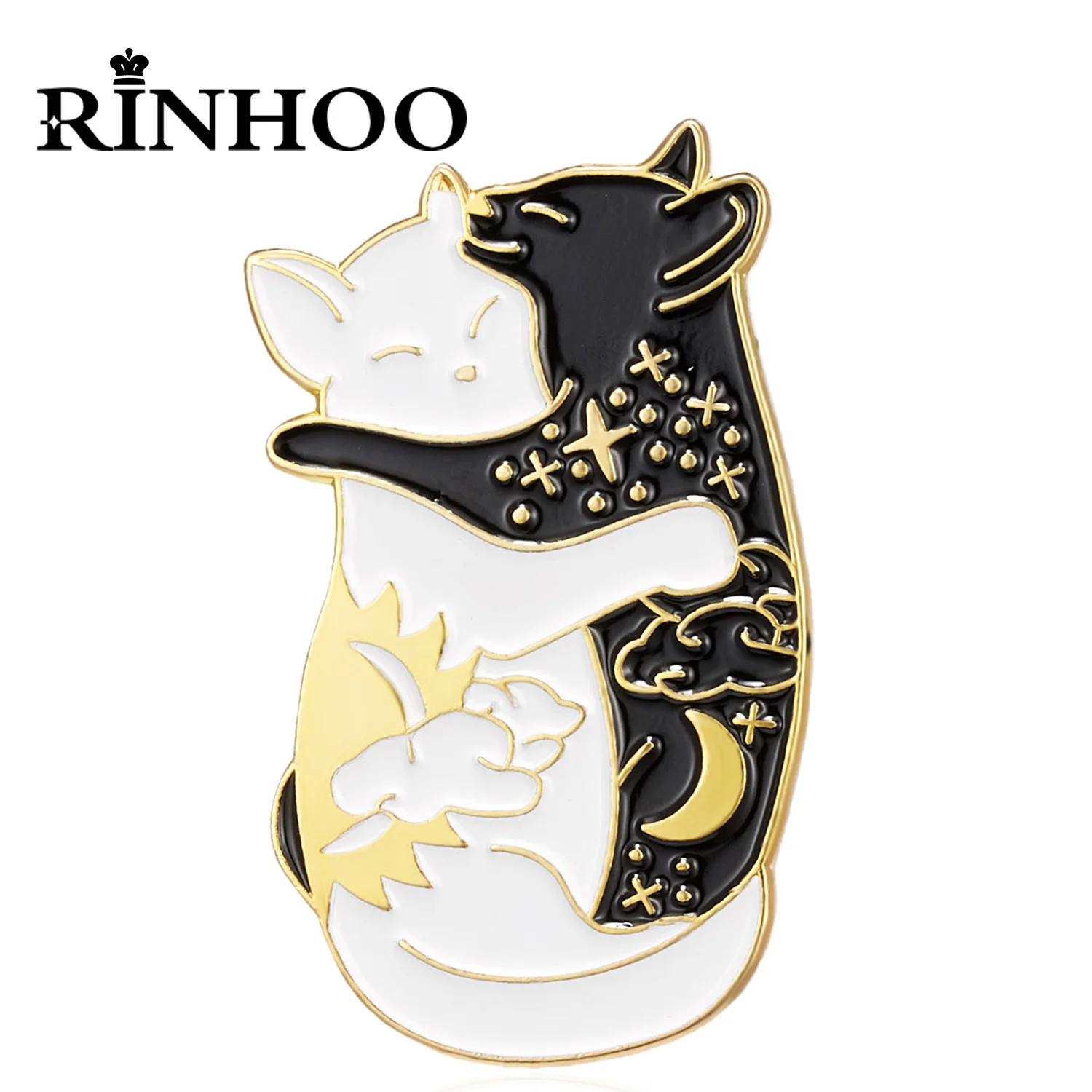 

Rinhoo Vintage Cartoon Animal Enamel Black and White Hugging Cat Brooch Couple Clothes Collar Lapel Pin Bag Metal Badges Jewelry