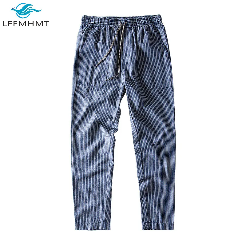 

Men Autumn Fashion Striped Pants Elastic Waist Japan Style Harajuku Simple Pencil Pant Male Casual Slim Fit Linen Wild Trousers