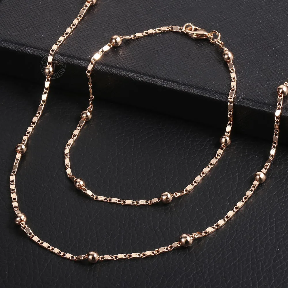 585 Rose Gold Color Necklace Bracelet for Women 2mm Marina Stick Bead Link Chain Jewelry Sets Wedding Party Jewelry Gifts LCS09
