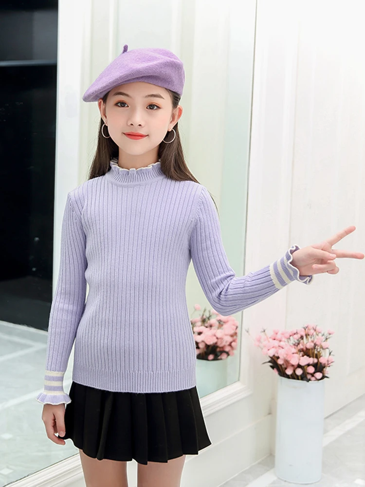 Baby Girls Ribbed Fitted Sweater 2020 Kids Knitted Sweaters Solid Color Pearl Autumn Fashion Children Clothing | Мать и ребенок