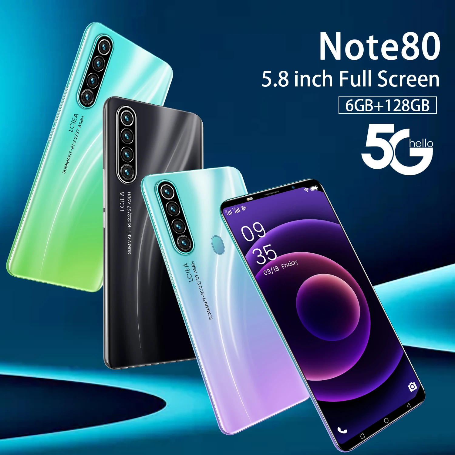 

Global Version 5.8inch Note 80 Smartphone 4500mAh Face/fingerprint Unlock Cellphone 6+128G 5G Network Full Screen Mobilephone