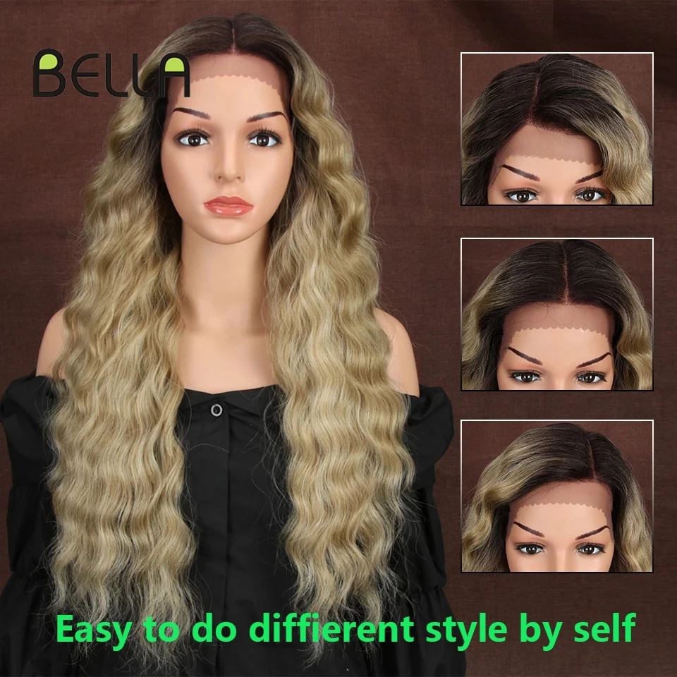 13X4 Synthetic Lace Front Wigs For Black Women 27Inch Long Deep Natural Wave Ombre Blonde 99J Color Hair