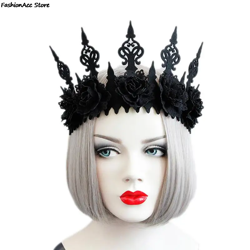 

Lady Queen Head Wreath Vintage Gothic Black Crown Roses Tiara Headband Halloween Party Masquerade Cosplay Accessory