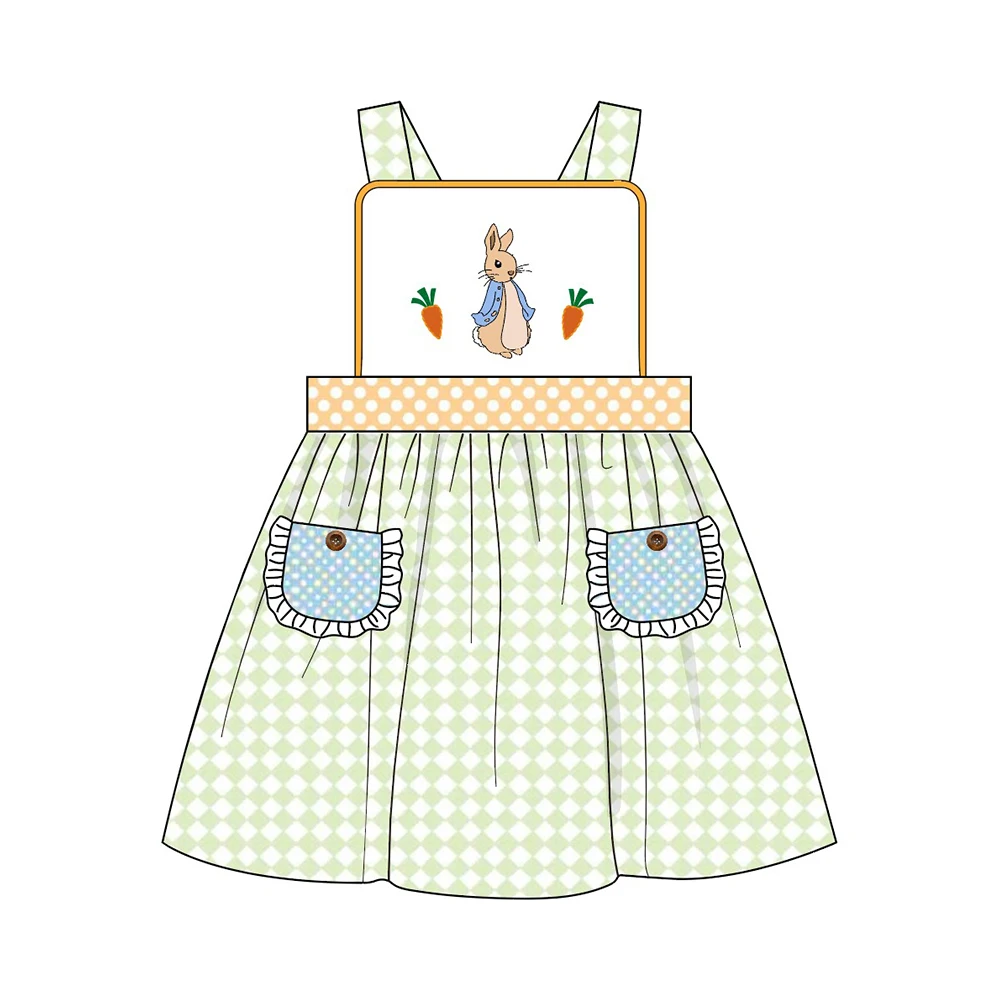 

Summer Girls Clothes Green Plaid Sleeveless Strap Blue Pocket Rabbit And Carrot Embroidery Pattern Girl Dresses