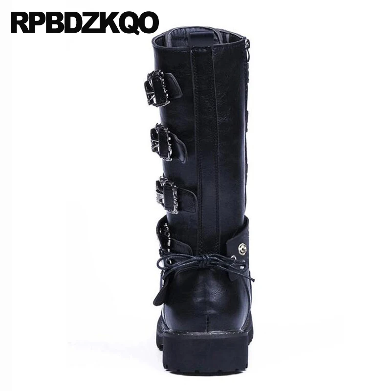 Мужские кожаные ботинки до середины икры черные военные в стиле панк с