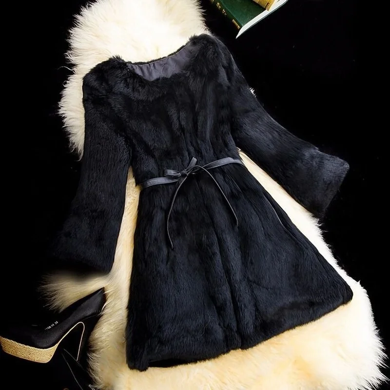 High Quality New Real Fur Women Coat Fashion Slim Ninth Sleeve Solid Real Rabbit Fur Jacket Rabbit Fur Warm h Coats Y921