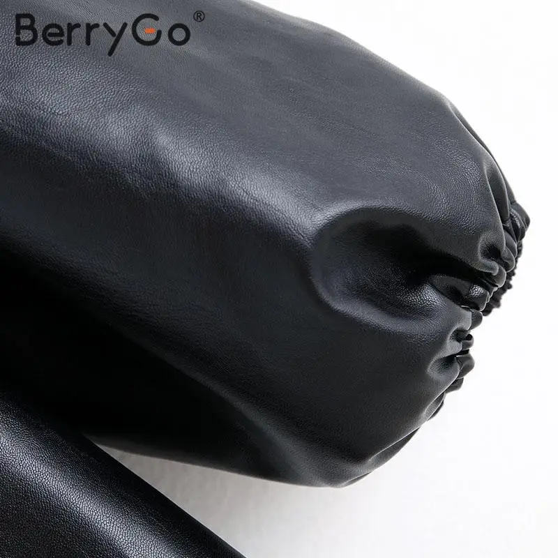 BerryGo Модные Куртки из искусственной кожи для женщин, женская верхняя одежда с пышными рукавами, пальто, Осень-зима, мотоциклетная куртка-бомбер из искусственной кожи, черная куртка