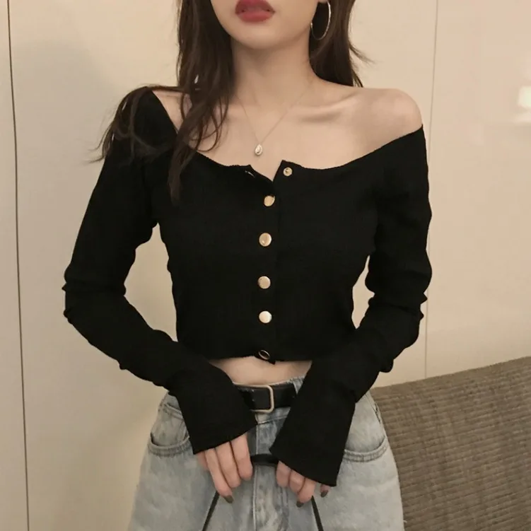 

Woman Tshirts Early Spring off-Neck Short Goddess Long Sleeve Navel T-shirt Tops Mujer Camisetas