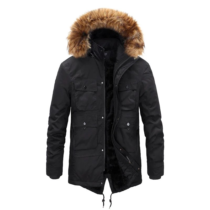 Winter Men's Multi-pocket Tooling Cotton-padded Jacket Plus Velvet Thick Loose Hooded Casual Mid-length Jacket Ropa De Hombre