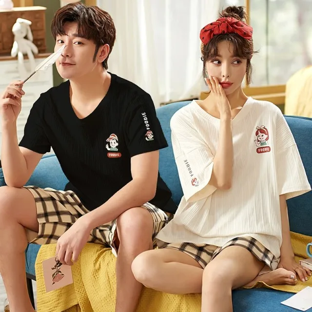 

Couple Pajamas Set Summer O-Neck Women and Men Sleepwear Fashion Lattice Shorts Plus Size Cotton Cartoon Short Sleeve Nightwear