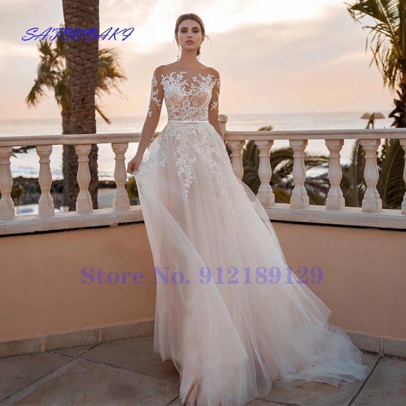 

Vestido De Novia 2022 Boho Wedding Dresses A Line Appliques Lace Long Sleeves Tulle Bridal Gown Princess Custom Made Robe Mariée