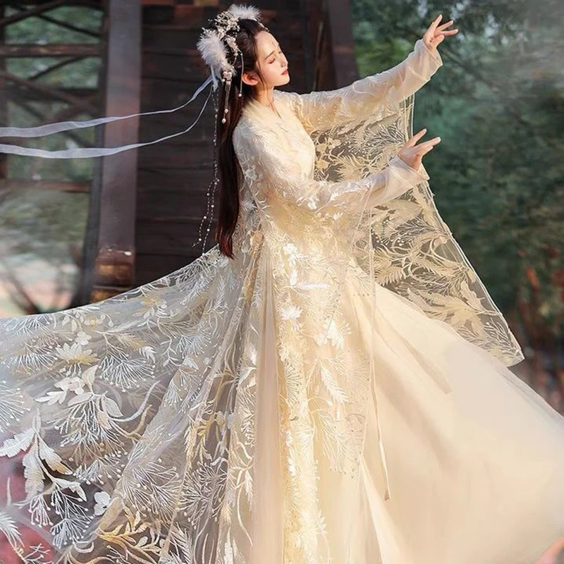 Новый женский костюм Hanfu летнее кружевное платье в китайском стиле с вышивкой для