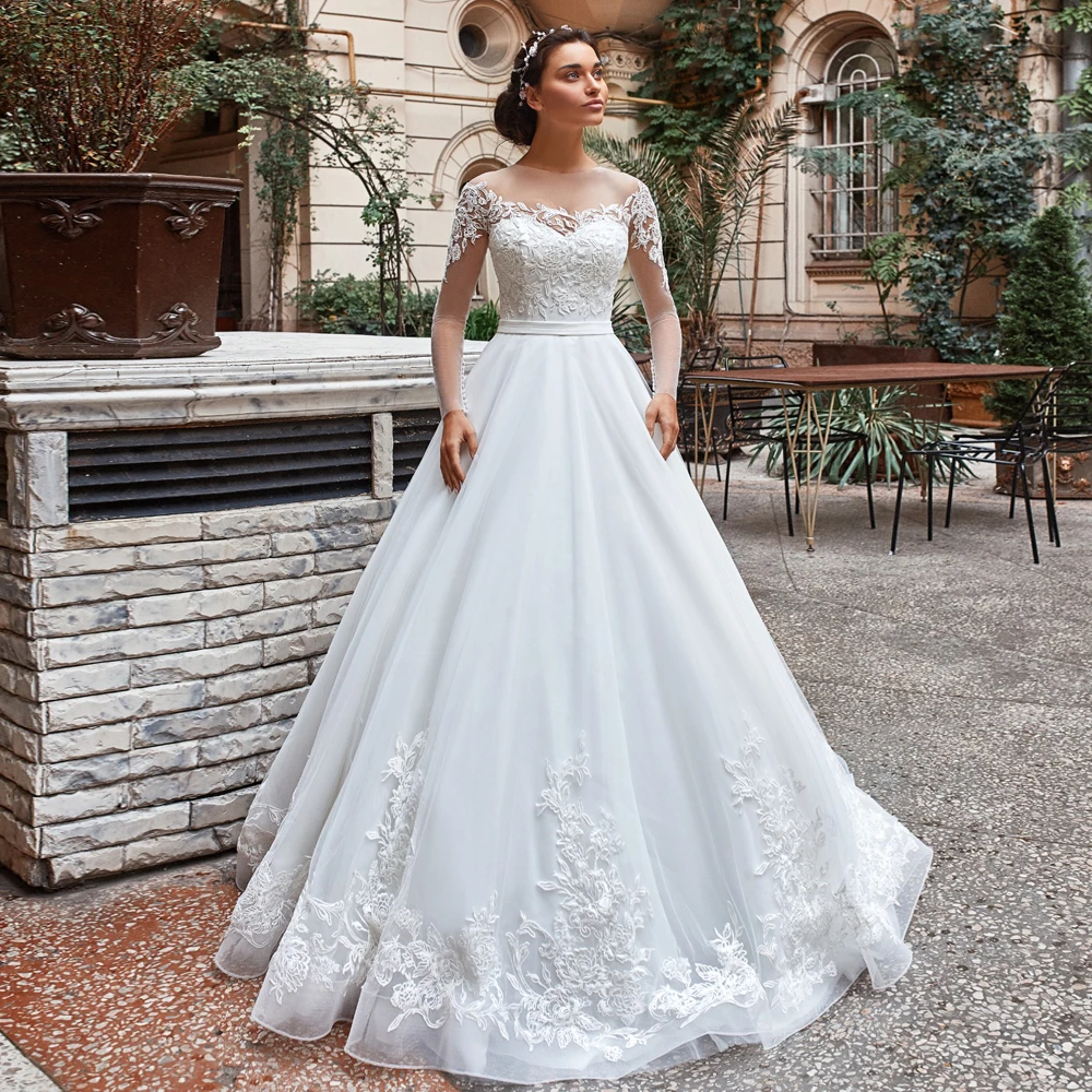 

Богемные свадебные платья принцессы, прозрачные женские платья с круглым вырезом и длинными рукавами, свадебные платья на пуговицах