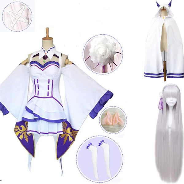 Re Zero Hajimeru Isekai Seikatsu Emilia, парики, костюмы для косплея, женское платье с головным убором для Хэллоуина, вечерние - Цвет: package 5