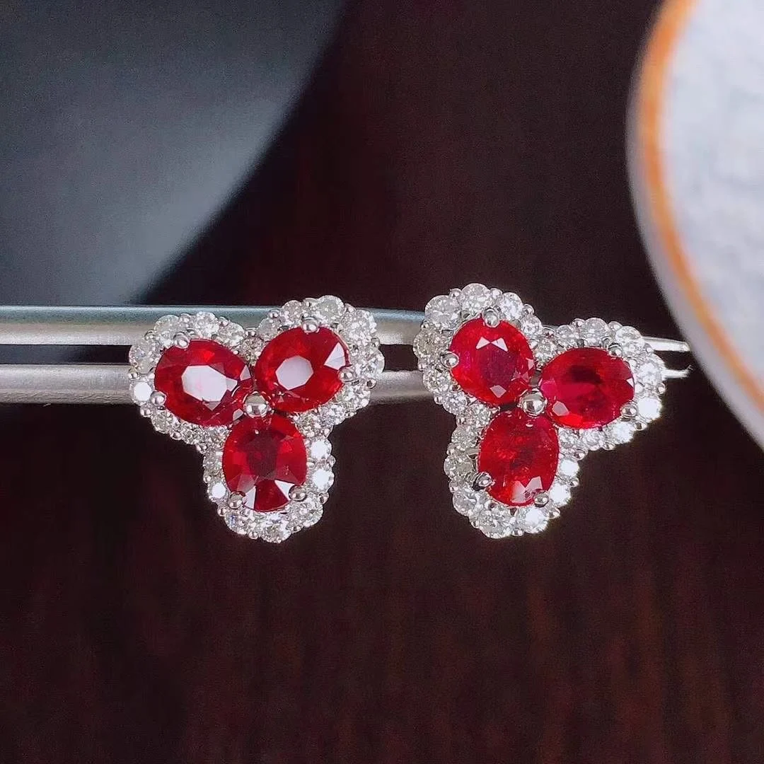 

shilovem Natural New Burning Pigeon Blood Ruby Gemstone earrings for Women 925 Sterling Silver gift wedding 3*4mm jce03045521agh