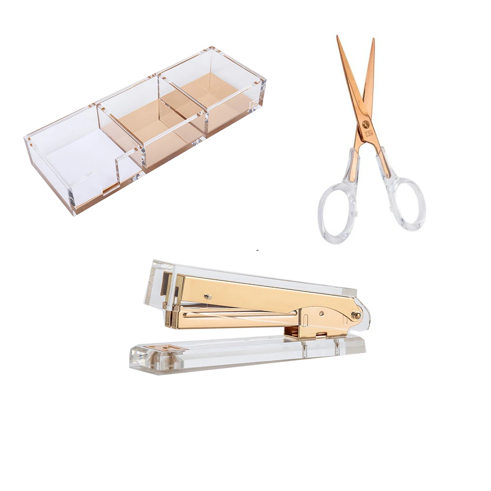 yellowgold3pcs set Акриловый Золотой степлер 1) Scissors1 акриловый тройной Настольный сортировщик настольная канцелярская серия - Цвет: yellowgold3pcs set