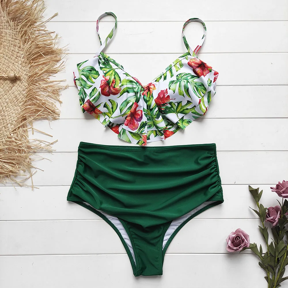 

High Waist Bikini 2021 Mujer Ruffle Halte Swimwear Women Floral Two Pieces Swimsuit Flounce Bandeau Bikinis Set Female