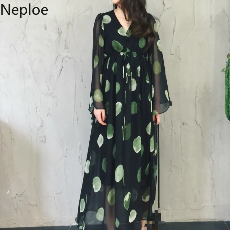 Neploe Polka Dot Women Dress Chiffon V-Neck Long Sleeve Vestidos 2019 Summer Slim Waist Wide Leg Full Dresses 44908 | Женская одежда