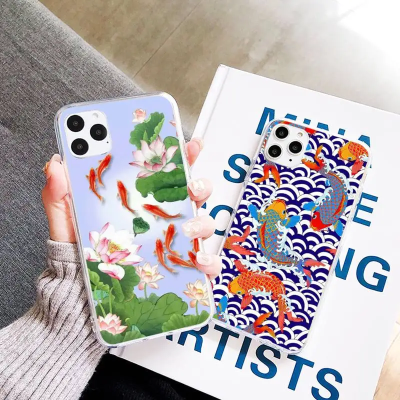 

Koi Fish Cherry Blossom Lucky Cat Phone Case Transparent for iPhone 7 8 11 12 13 mini pro X XS XR MAX Plus