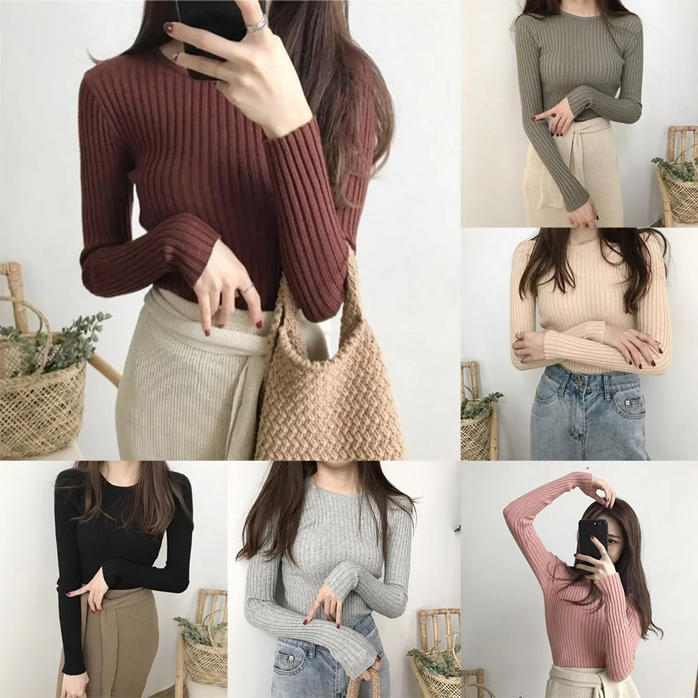 

Sexy Women Slimming Knitted Long-Sleeved Slim Warm Bottoming Shirt Sweater Elegant Fashion Back To The Basics Tops T Shirts