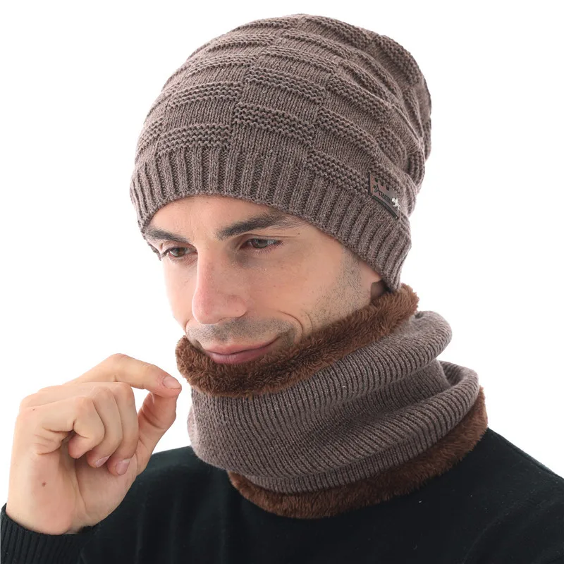 hat scarf set kakhi Зимняя шапка Xthree, шерстяные шапочки, вязаная шапка, шарф с подкладкой, мужские шапочки, зимние шапки для мужчин, шапочки, шапки - Цвет: hat scarf set kakhi