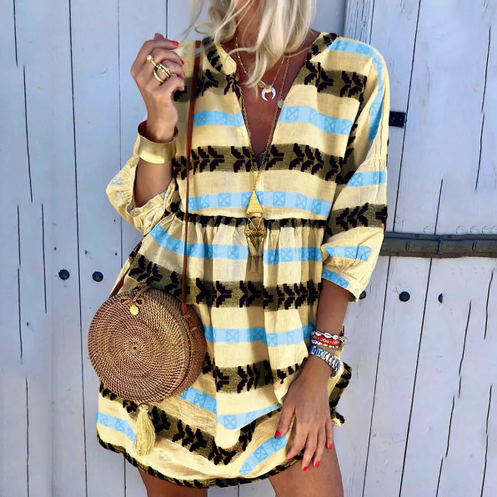 2021 женское богемное платье со средним рукавом v образным вырезом вечерние мини