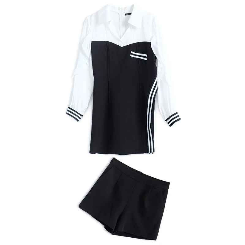 

Awarose Ruffled Long Sleeves Lapel Shirt Splicing Top + Loose Shorts Clothes Set 2021 Summer New Women Casual Suit 2 Two Piece