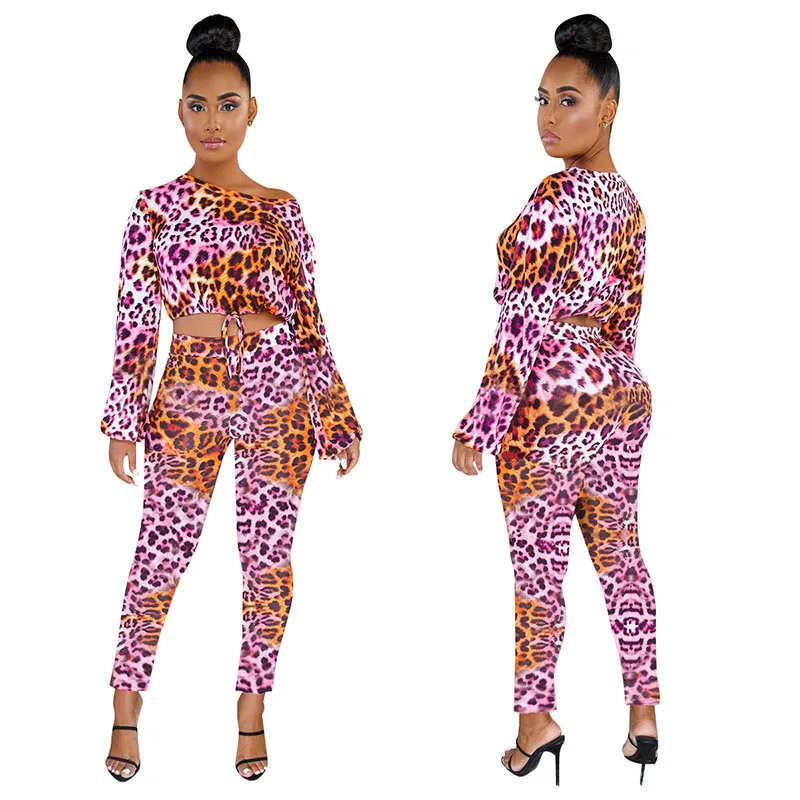 Женский Повседневный костюм из 2 предметов короткий топ с леопардовым принтом и