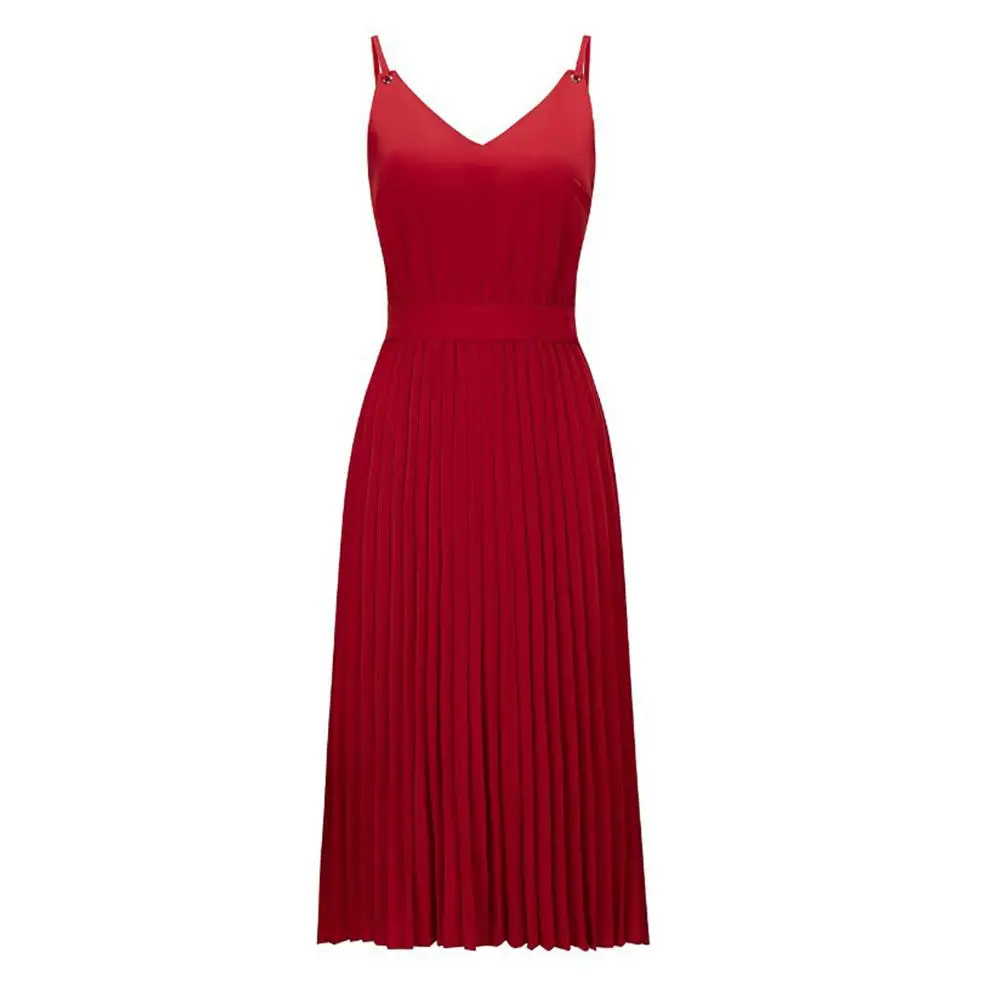 

Women Sexy Solid Color V Neck Spaghetti Straps Pleated Large Hem Midi Dress