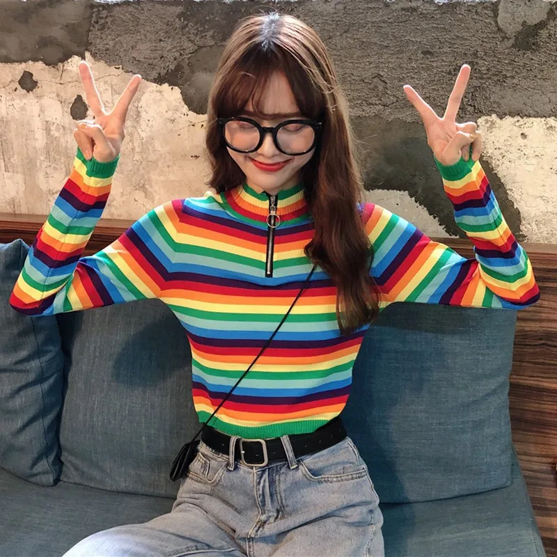 Women Sweaters Korean Style Rainbow Stripes Print Sweater Slim Long Sleeved half-high Collar Bottom Knit S1 New | Женская одежда