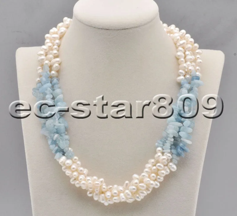 

P6803 4Row 18" White Rice Freshwater Pearl Aquamarine Detritus Choker Necklace