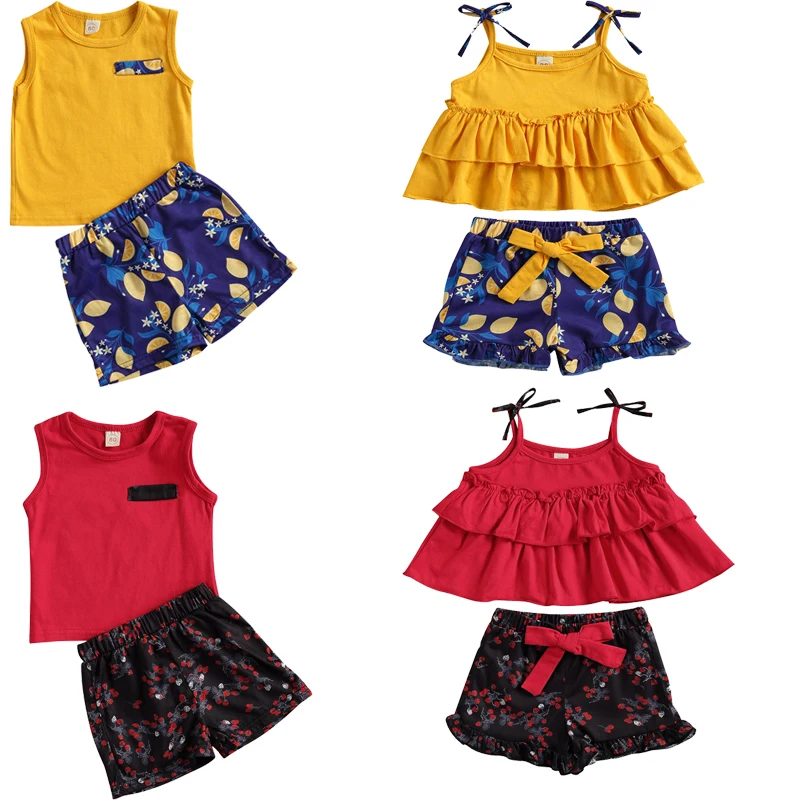 

От 1 до 5 лет, летнее милое платье для детей для девочек, комплекты одежды для мальчиков: Топ без рукавов с цветочным принтом и оборками и шорт...