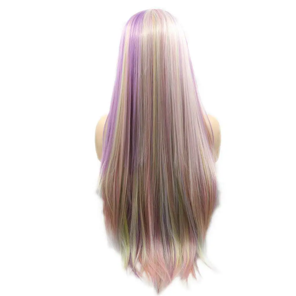 Длинный шелковистый прямой парик с кружевом 26 дюймов радужные парики пастельные