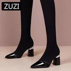 Дуди Сапоги выше колена ботинки с высоким голенищем Женская 2021 осень-зима Новый, матовое покрытие из ткани под замшу, теплый Стразы стрейч сапоги до середины голени на высоком каблуке сапоги на толстом каблуке, сапоги