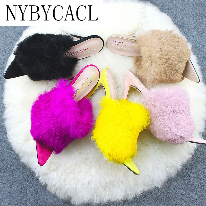 

European Station Sandals Candy Color Luxury Rabbit Fur High Heel Sandals Slippers Large Women Shoes
