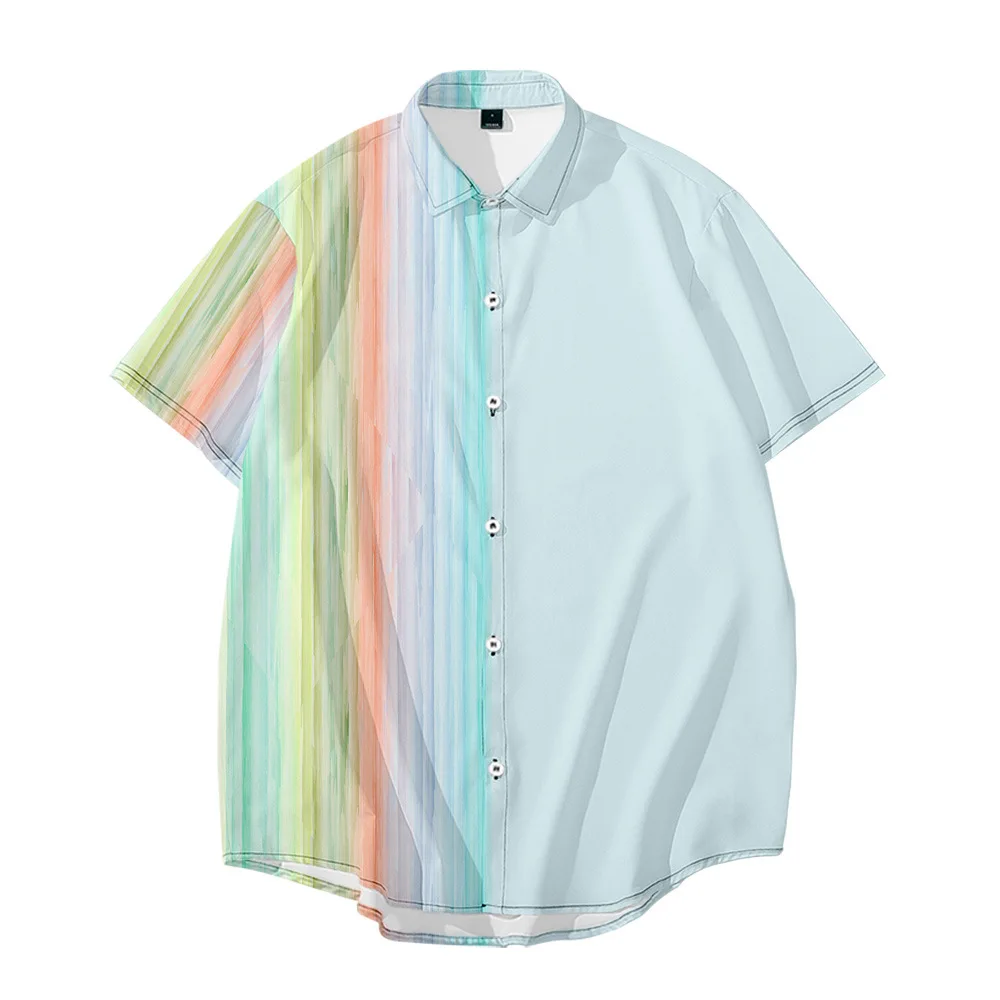 Bebovizi Fashion Patchwork Striped Print Short Sleeved Pink Shirt Summer Men Loose Hawaiian Shirt Camisas Top Clothing