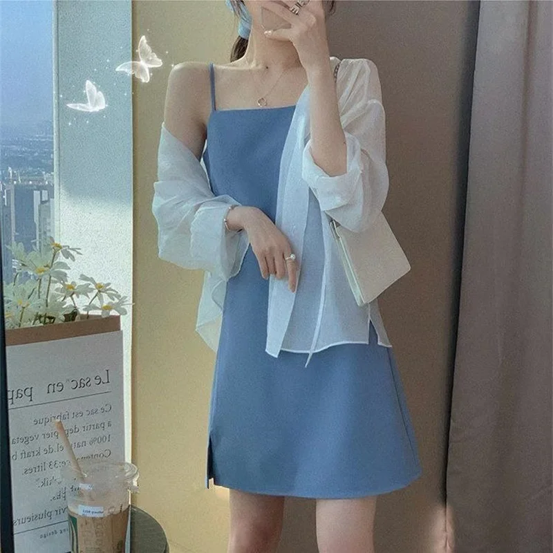 

Sleeveless Dress New Summer Sexy Above Knee All-match Ins Soft Side-slit Backless Blue Fashion Basic Casual Aesthetic Friends